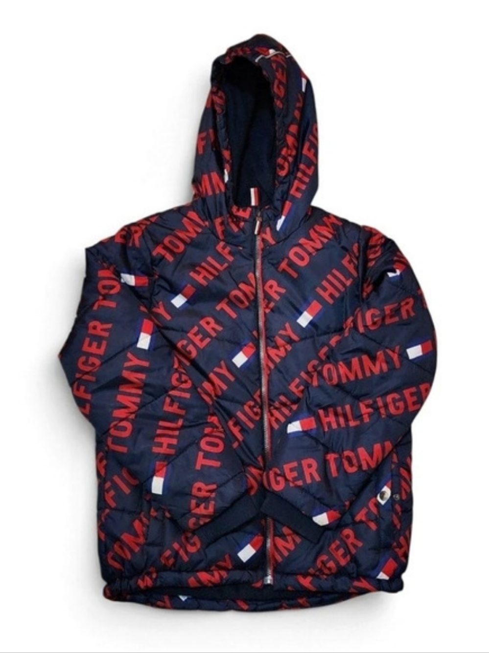 Tommy Hilfiger All-Over Logo Puffer Jacket in Blue & Red